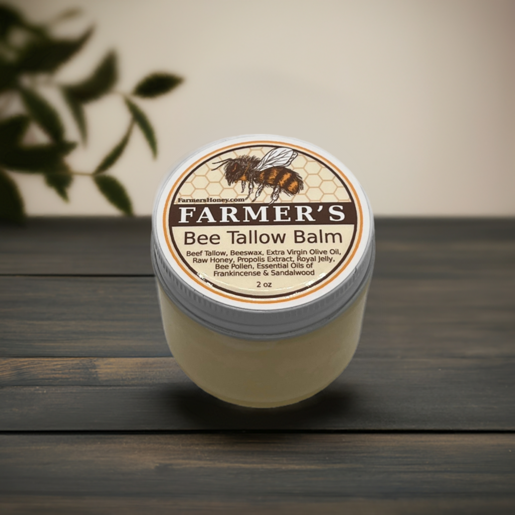 Skin balm with grass fed tallow, raw honey, propolis.