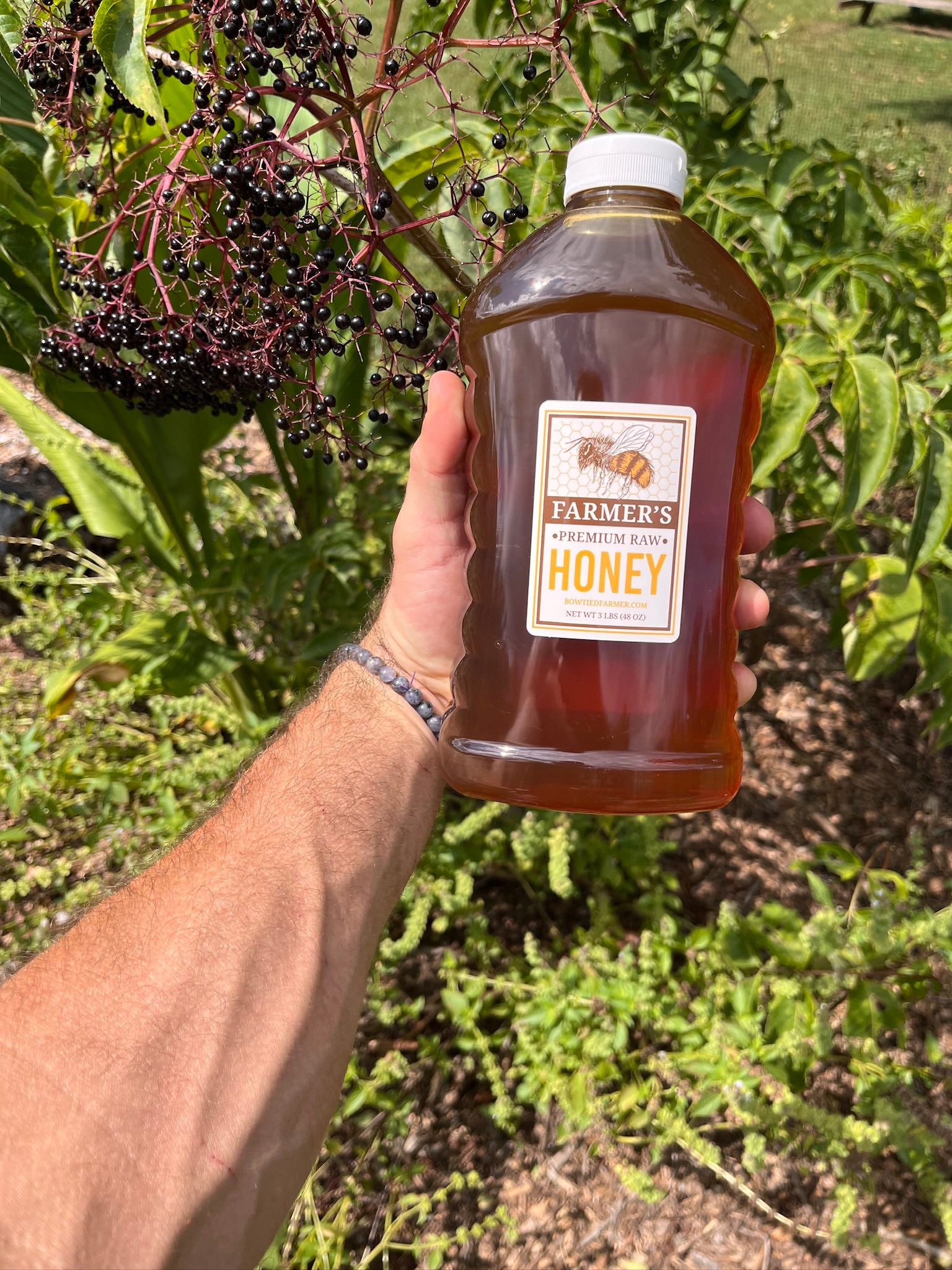 muscular arm holding a large 3 lb squeeze bottle of honey
