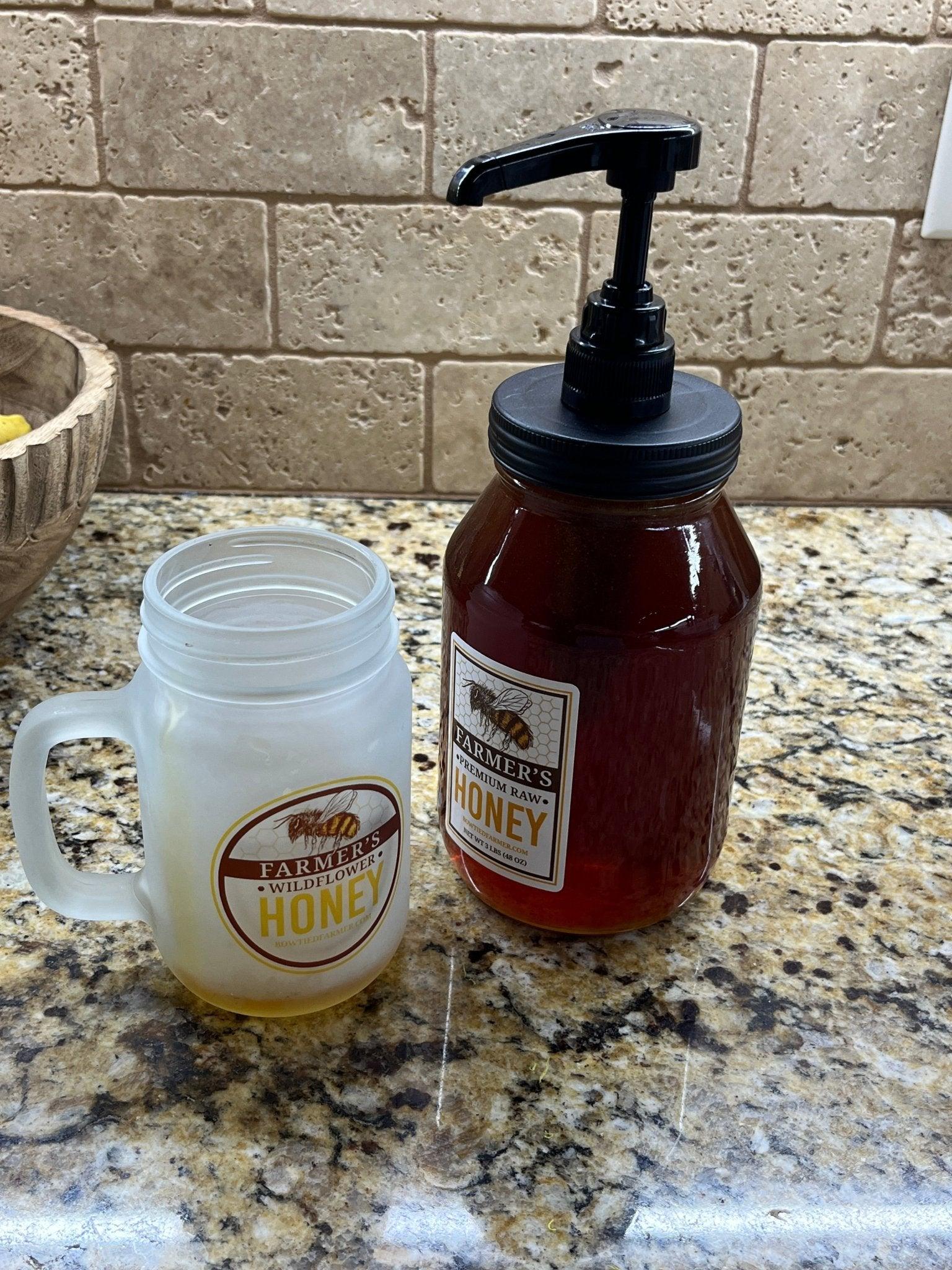 no mess honey on granite countertop with brick wall in background
